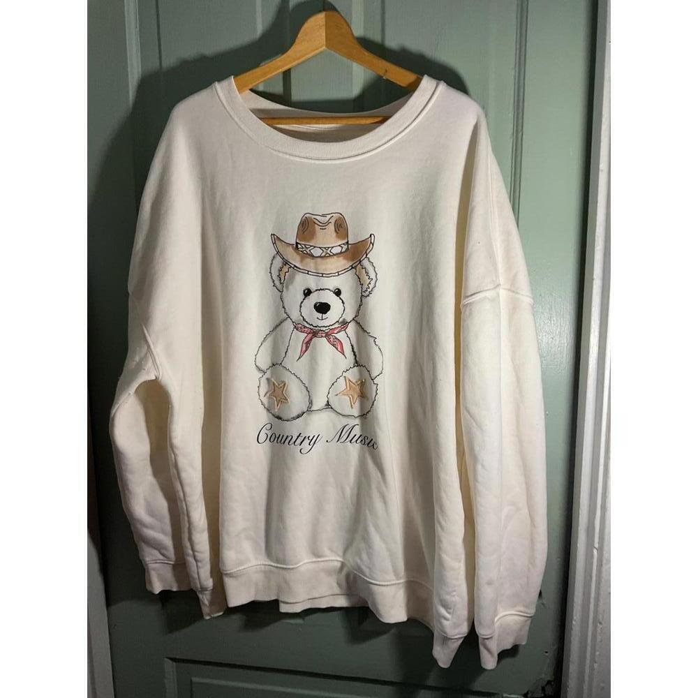 Zoe + Liv White Sweatshirt with Country Music Bear Design 3X